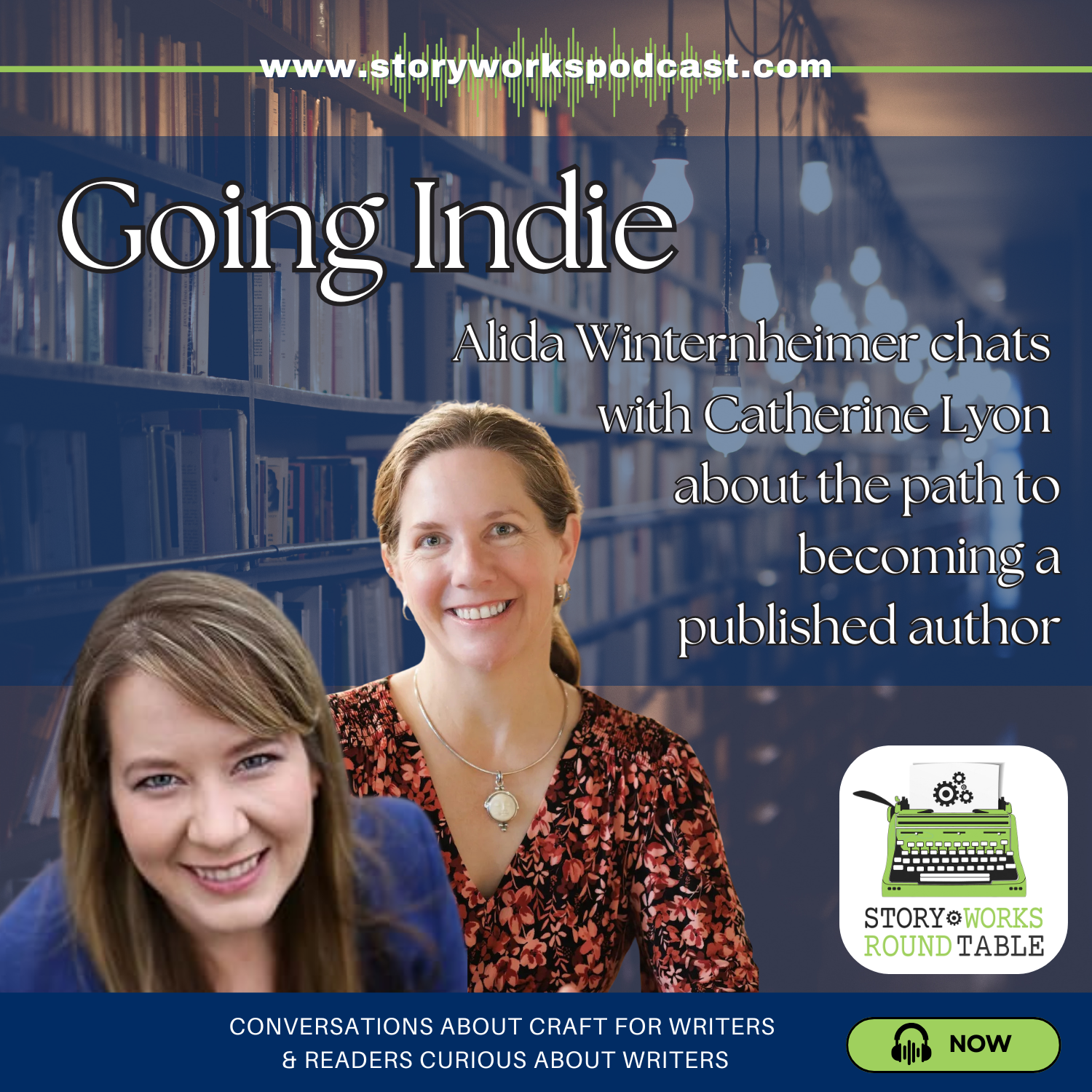 Alida Winternheimer & Catherine Lyon, authors, stand before a bookcase full of books. 