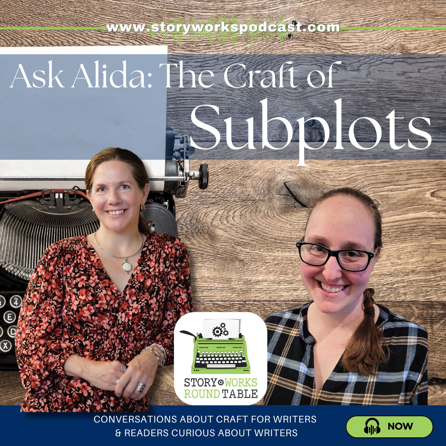 Alida Winternheimer & Catherine Lyon, authors, stand before a bookcase full of books. 