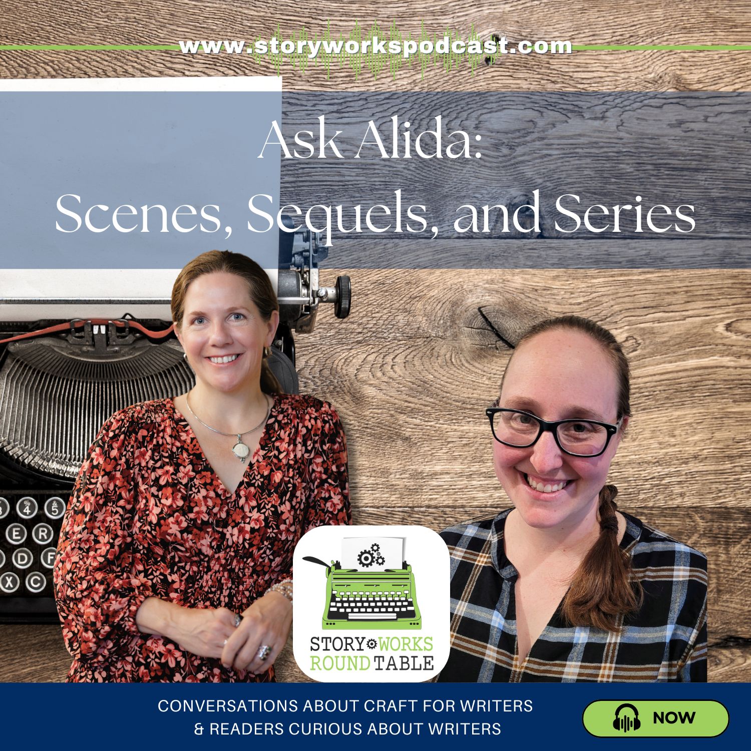 Alida Winternheimer & Catherine Lyon, authors, stand before a bookcase full of books. 