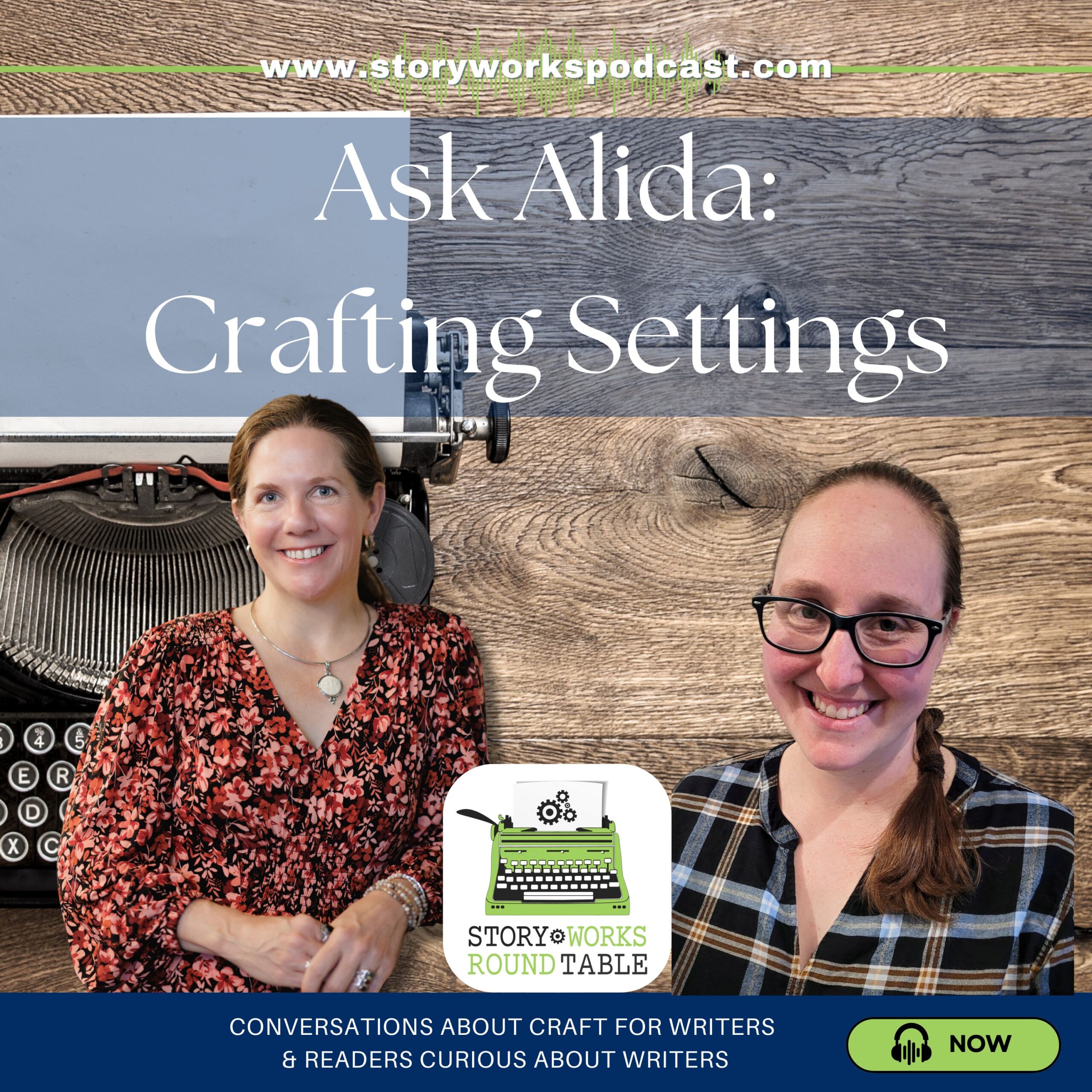 Alida Winternheimer & Catherine Lyon, authors, stand before a bookcase full of books. 